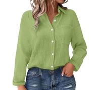 Women’s Cotton Linen Shirt Gauze Button Down Shirts Long Sleeve Crinkle Textured Blouse with Pocket, Lightweight Relaxed Fit Casual Top for Summer & Layering (Light Green, XXL)