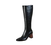 Women’s Cow Leather Thick High Heels Square Toe Winter Zip European Model Career Knee-High Boots