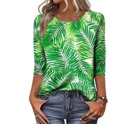 Women’s Crew Neck Half Sleeve Top with Tropical Leaf Print Lightweight Relaxed Fit Casual Blouse for Daily Wear Light Green M