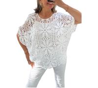 Women’s Crochet Batwing Top with Under Vest 100% Cotton Boho Lace Hollow Out Blouse for Summer Holidays Loose Fit Beach Cover Up Tunic Top One Size Fits Up to UK 18 White