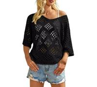 Women’s Crochet Hollow Out Knit Top, Scoop Neck 3/4 Sleeve Oversized Boho Sweater, Lightweight Beach Cover Up for Summer, Cruise & Vacation(Black, L)