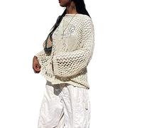 Women´s Crochet Knit Oversized Pullover Sweater Long Sleeve Hollow Out Crop Top Y2k Shirt Punk Goth Fishnet Top Streetwear (Cream White, Medium)
