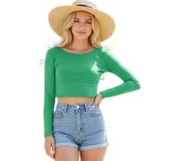 Women’s Crop Top Slim Fit Long Sleeve Ladies Round Neck Stretch Cropped T-Shirt Casual Basic Tight Tee Blouse Womens Crop Tops UK Jade Green-12-14