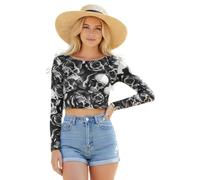 Women’s Crop Top Slim Fit Long Sleeve Ladies Round Neck Stretch Cropped T-Shirt Casual Basic Tight Tee Blouse Womens Crop Tops UK Skull & Roses-8-10