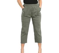Women’s Cropped Trousers Capri, Pull-on, Elasticated Waist, Cherry Berry, UK Size 8-24 (UK, Numeric, 16, Regular, Regular, Khaki)