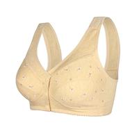 Women’s Daisy Front Fastening Non Wired Bra for Older Women, Plus Size Full Support Design with Wide Straps, Breathable Cotton Floral Lace Bralette for Maternity, Nursing, Sleep(a-Beige, S)