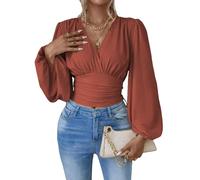 Women’s Deep V Neck Pleated Cute Crop Blouse Long Lantern Sleeves Ruched Top Vintage Solid Color Slim Fitted Shirts (Rust red,XL)