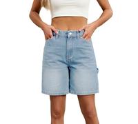 Women’s Denim Shorts Pull On Stretchy Casual Half Pants High Waisted Wide Leg Jean Bermuda Shorts Ladies Comfy Knee Length Summer Pants with Pockets Light Blue