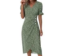 Women’s Ditsy Floral Midi Dress V Neck Button Detail Puff Short Sleeve Asymmetric Hem Casual Tea Dress for Holiday Daily Wear
