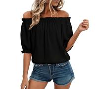 Women’s Elasticated Off-The-Shoulder Bardot Blouse Ruffled Frill Neckline and Puff Short Sleeves with Cuffed Ruffle Trim Airy Flow Loose Relaxed Fit Solid Colour Top(Black, L)