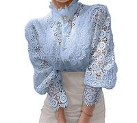 Women’s Elegant Lace Trim Shirts Casual Victorian Blouse Long Sleeve Button Down Tops, Blue, 3XL