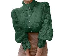 Women’s Elegant Lace Trim Shirts Casual Victorian Blouse Long Sleeve Button Down Tops, Emerald Green, XX-Large