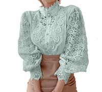 Women’s Elegant Lace Trim Shirts Casual Victorian Blouse Long Sleeve Button Down Tops, Green, Large