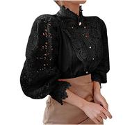Women’s Elegant Lace Trim Shirts Casual Victorian Blouse Long Sleeve Button Down Tops Hollow Out Flower Patchwork Elegant Ruffle Blouse Lace Shirts