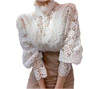 Women’s Elegant Lace Trim Shirts Casual Victorian Blouse Long Sleeve Button Down Tops Hollow Out Flower Patchwork Elegant Ruffle Blouse Lace Shirts