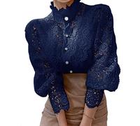 Women’s Elegant Lace Trim Shirts Casual Victorian Blouse Long Sleeve Button Down Tops, Navy Blue, Large