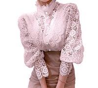 Women’s Elegant Lace Trim Shirts Casual Victorian Blouse Long Sleeve Button Down Tops, Pink, 3X-Large