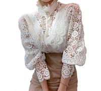 Women’s Elegant Lace Trim Shirts Casual Victorian Blouse Long Sleeve Button Down Tops, White, Large