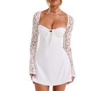 Women 's Elegant Lace Tunic Dress Lace Patchwork Long Sleeve Low Cut Mini Dress Backless Tie-up Going Out Dress (A-White, S)
