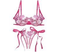 Women’s Embroidered Floral Bra and Panty Set Mesh Sheer Bra and Knickers Thong Set Lace See Through Push Up Lingerie Set Outfits Red XL