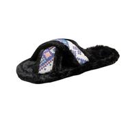 Women’s Ethnic Woven Band Open Toe Fuzzy Mule Slippers, Soft Memory Foam Slip On Warm Cosy Indoor Bedroom House Slippers for Ladies, Stylish Presents Gifts,Lightweight Portable Travel (Black, 7)
