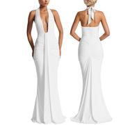 Women’s Evening Extra Long Dress Deep V-Neck Backless Halter Ruched Draped Elegant Club Party Maxi Dress Gown Outfits, White, S