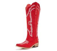 Women’s Extra Wide Calf Plus Size Knee High Western Cowboy Boots with Side Zipper and White Embroidery, Red Suede Cowgirl Boots with Mid Heel Classic Western Style, Red, 11 X-Wide