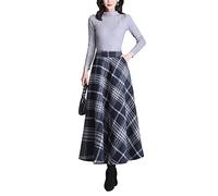 Women’s Fall Winter Wool High Waisted Plaid Long Skirt A-line Pleated Swing Maxi Skirts