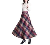 Women’s Fall Winter Wool High Waisted Plaid Long Skirt A-line Pleated Swing Maxi Skirts