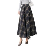 Women’s Fall Winter Wool High Waisted Plaid Long Skirt A-line Pleated Swing Maxi Skirts(Medium,Dark Blue)