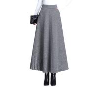 Women’s Fall Winter Wool High Waisted Plaid Long Skirt A-line Pleated Swing Maxi Skirts(Medium,Grey)