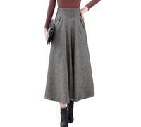 Women’s Fall Winter Wool High Waisted Plaid Long Skirt A-line Pleated Swing Maxi Skirts(Small,Brown)