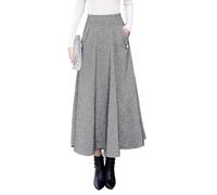 Women’s Fall Winter Wool High Waisted Plaid Long Skirt A-line Pleated Swing Maxi Skirts(XX-Large,Grey-White)