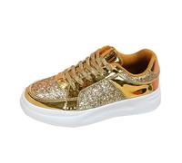 Women‘s Fashion Cusual Sneakers lace-up Casual Shoes Platform Leather Quick Drying Chunky Colorful Lifestyle Sparkly Wide fit Trainers Jogging Teens Gold