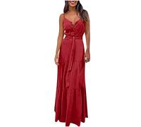 Women’s Fashion Sexy Dress Sling V-Neck Solid Buttoned Long Dress with Belt UK Size Party Elegant Dress Sale Red