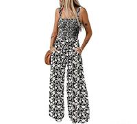 Women’s Fashion Spaghetti Strap Printed Jumpsuit With Side Pockets Loose Wide Leg Fit Square Neck Shirred Bodice