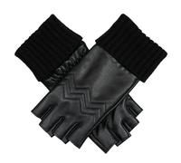 Women’s Fingerless Fleece-Lined Leather Gloves with Quilted Chevron Design - Black / M