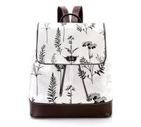 Women’s Flap Backpack Purse Black Lines Meadow Wild Flowers and Leaves Silhouettes PU Leather Work Travel Rucksack Daypack for Ladies Girls