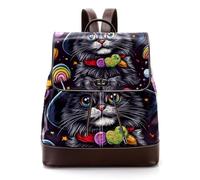 Women’s Flap Backpack Purse Cat in Witch Hat Rainbow and Candies PU Leather Work Travel Rucksack Daypack for Ladies Girls