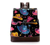 Women’s Flap Backpack Purse Cowboy Hats with Hearts and Stars Pattern PU Leather Work Travel Rucksack Daypack for Ladies Girls