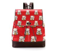 Women’s Flap Backpack Purse Cute Lucky Cats Seamless Red Background PU Leather Work Travel Rucksack Daypack for Ladies Girls