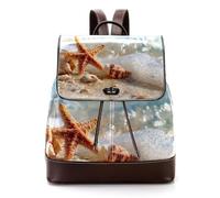 Women’s Flap Backpack Purse Cute Starfish and Seashell on the Beach in Sea Water PU Leather Work Travel Rucksack Daypack for Ladies Girls