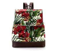 Women’s Flap Backpack Purse Exotic Hawaiian Red Orchid Flowers Pattern PU Leather Work Travel Rucksack Daypack for Ladies Girls
