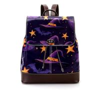 Women’s Flap Backpack Purse Halloween Purple Witch Hats Stars Night PU Leather Work Travel Rucksack Daypack for Ladies Girls