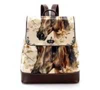Women’s Flap Backpack Purse Horse with Flowers Art Pattern PU Leather Work Travel Rucksack Daypack for Ladies Girls