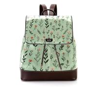 Women’s Flap Backpack Purse Minimalist Pink Flowers and Leaves Sage Green Background PU Leather Work Travel Rucksack Daypack for Ladies Girls