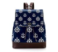 Women’s Flap Backpack Purse Nautical Anchors and Steering Wheels on Navy Blue Background PU Leather Work Travel Rucksack Daypack for Ladies Girls