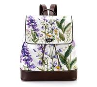Women’s Flap Backpack Purse Purple Bluebell Flowers Sage Chamomile with Butterflies PU Leather Work Travel Rucksack Daypack for Ladies Girls