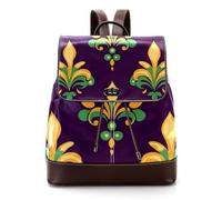 Women’s Flap Backpack Purse Purple Green and Yellow Fleur de Lys Flower PU Leather Work Travel Rucksack Daypack for Ladies Girls