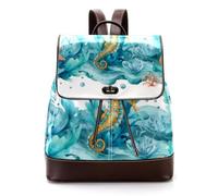 Women’s Flap Backpack Purse Seahorse with Leaves Bubbles and Coral Starfish PU Leather Work Travel Rucksack Daypack for Ladies Girls